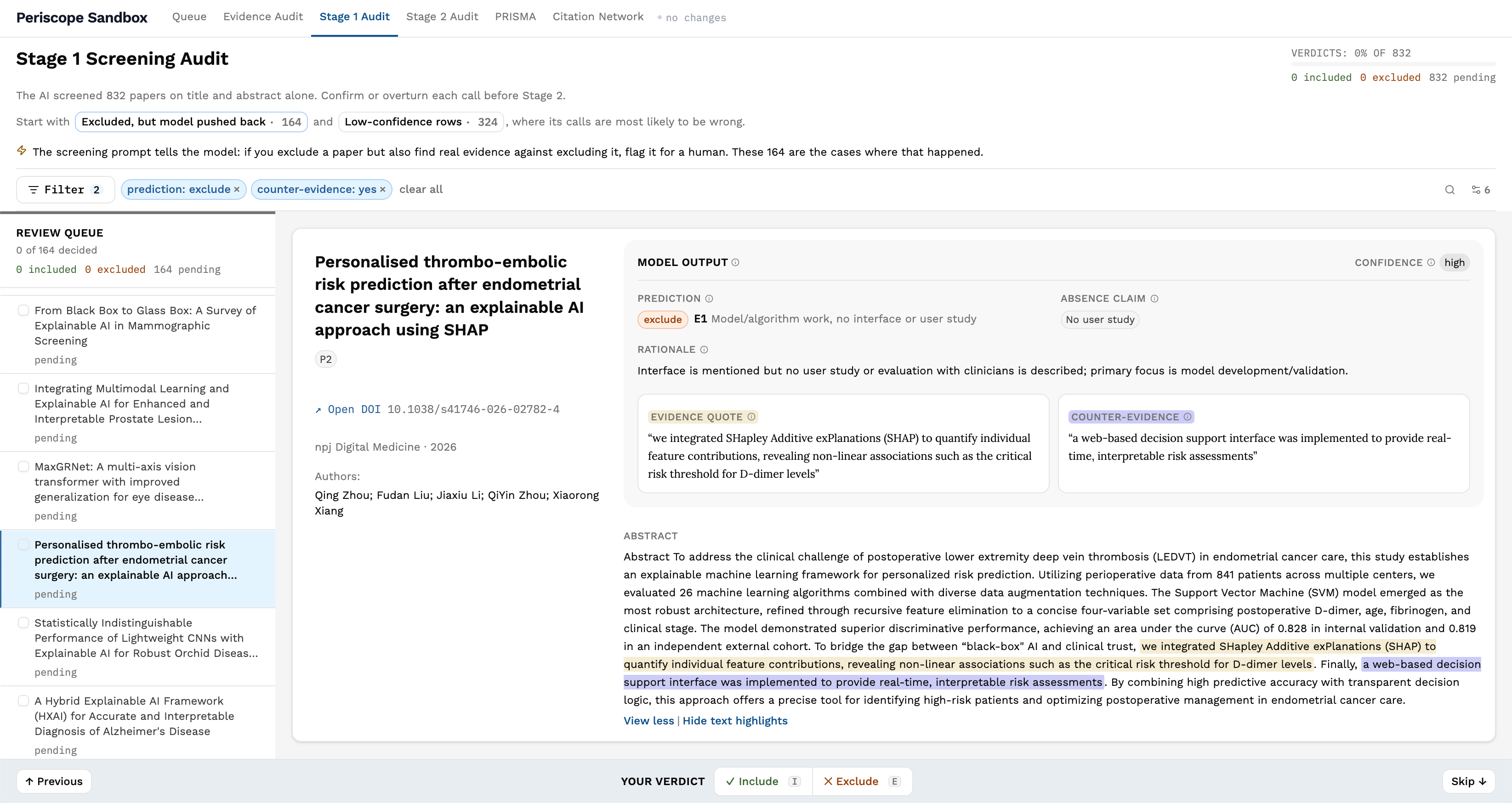 Card view of a single paper under audit. A worklist banner and filter pills sit above the queue; the evidence quote and counter-evidence sit side by side, with the absence claim beside the prediction; the verdict controls run along the bottom.