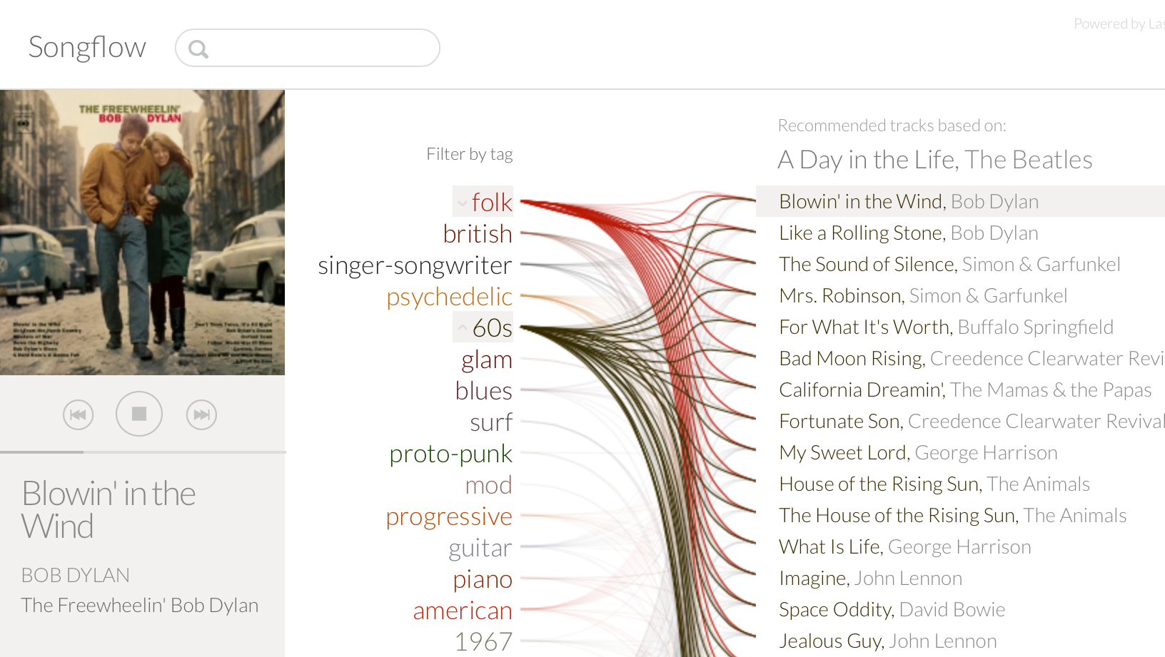 Songflow interface showing top tags for a Beatles recommendation