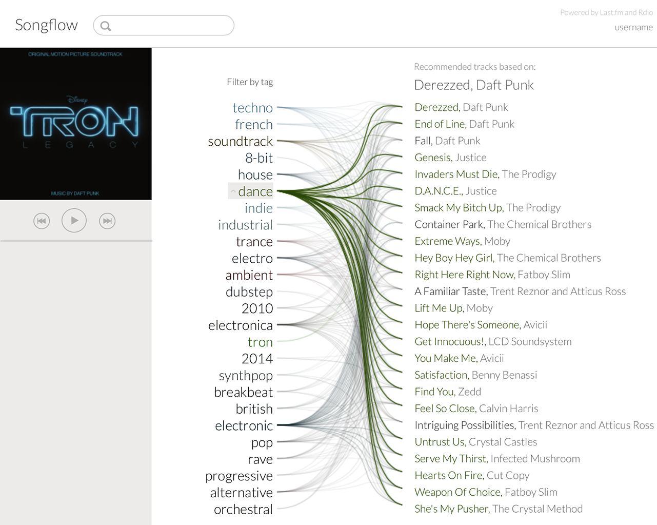Songflow polished design demo showing explanatory tags connected to recommendations